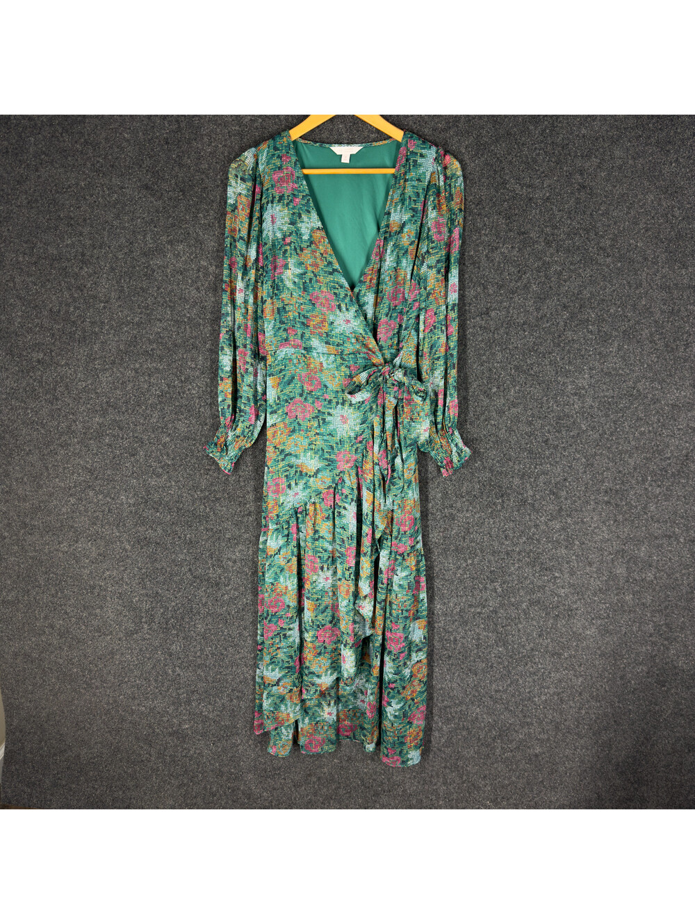 LC Lauren Conrad Wrap Dress S Small Green Floral Long Tasseled Belted V-Neck - Picture 3 of 9